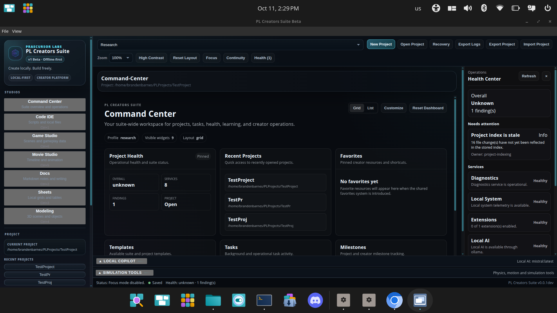 Health Center displaying service diagnostics
