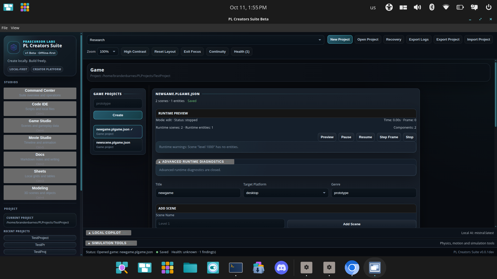 Game Studio scene and runtime controls